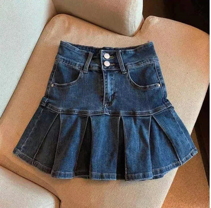 High-Waisted Denim Skirt Women's New Pleated Retro Blue Skinny A-line Flanged Wrap Hip Skirt