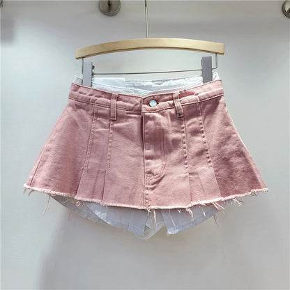 KBQ Temperament Slim Fit Denim Mini Slirts For Women High Waist Spliced Button Daily Casual Commute Skirt Female Fashion Style