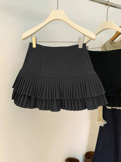 Autumn Winter Vintage Black Grey Versatile Pleated Short Skirt For Women 2025 Brown Temperament High Waist Sexy Mini Skirts Chic