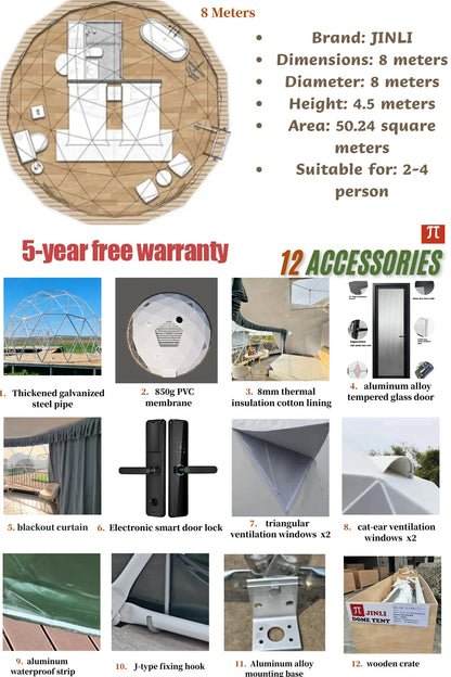Spherical tent, geodesic tent, dome tent, galvanized steel pipe frame, PVC waterproof tarpaulin, wind-resistant, pressure-resist