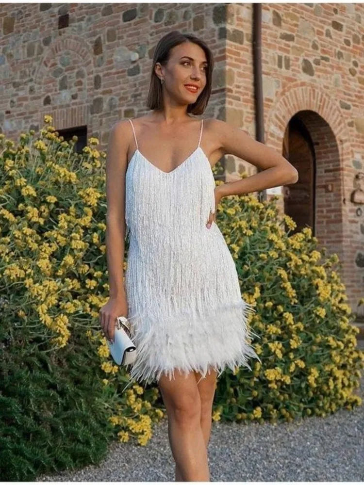 Summer Fashion Elegant Tassel Sequin Dress Women's Sexy Slim Sleeveless V-neck High Waist Suspender Feather Stitching Dresses