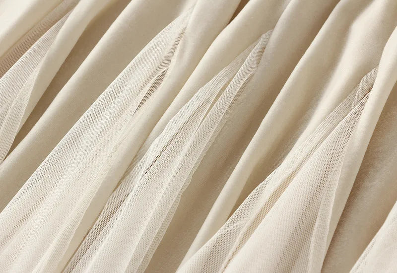 2025 Autumn Winter Velvet Mesh Patchwork Midi Skirts Women Korean Style Casual High Waist Elegant Long Skirts