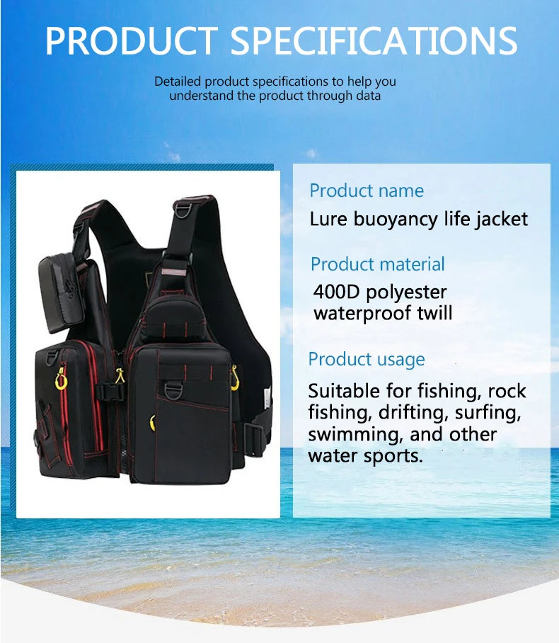 multi-functional life jacket vest for outdoor fishing, a must-have for safety. Multiple pockets for storage, buoyant materials