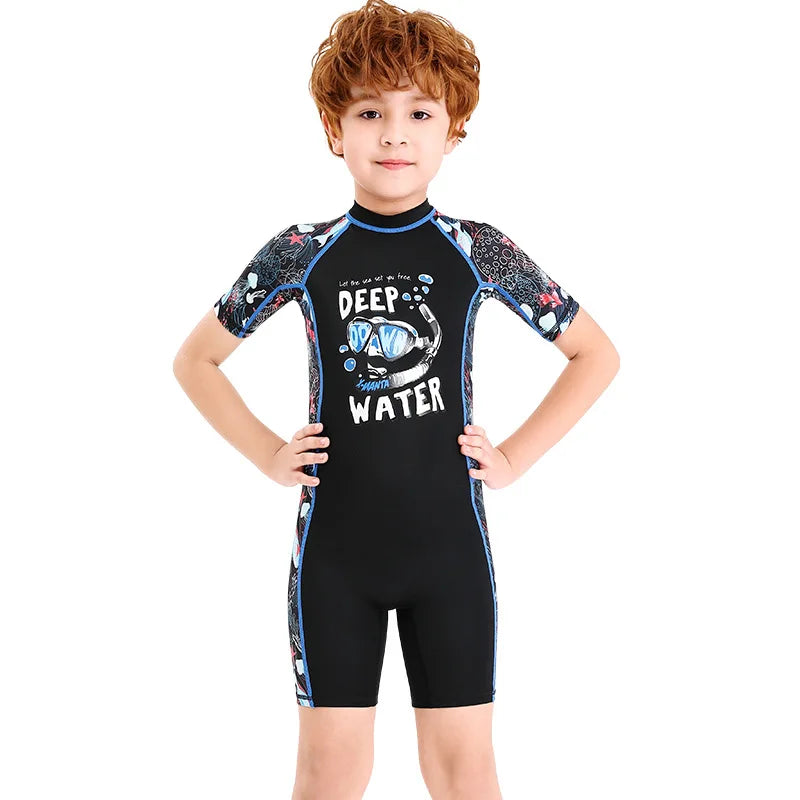 One-Piece Swim Suits Sportswear Girls Boys Summer Swimwear Children Swimsuits Kid Short Sleeve Quick Drying Sun Protection