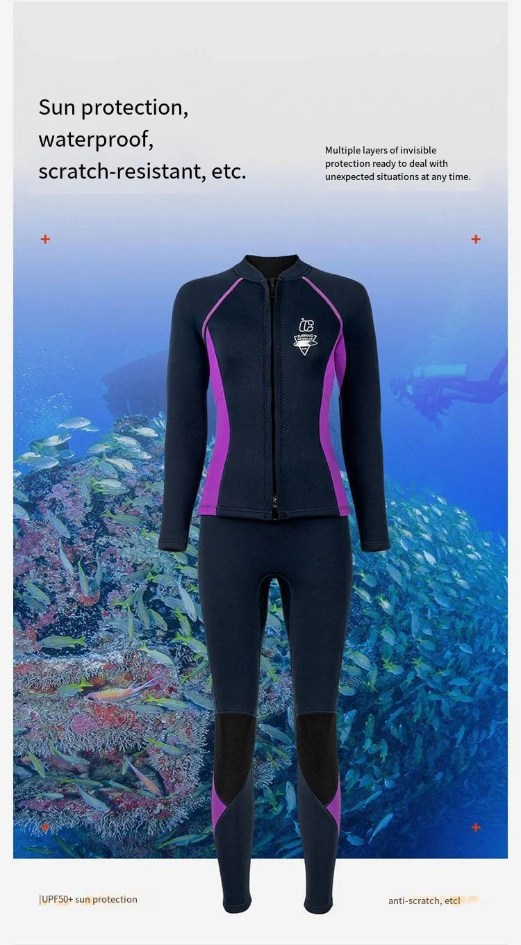 Women's 3mm Two-Piece Diving Suit Long Sleeve Coldproof Wetsuit Top Pants for Snorkeling Surfing Swimming