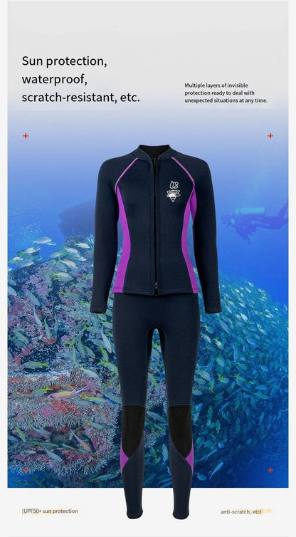 Women's 3mm Two-Piece Diving Suit Long Sleeve Coldproof Wetsuit Top Pants for Snorkeling Surfing Swimming