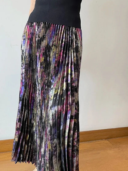Shiny Colorful Luxury High Waist Metallic Pleated Midi Skirt 2025 Fashion Trends Elastic Waistband Pleated Skirt Old Money Style