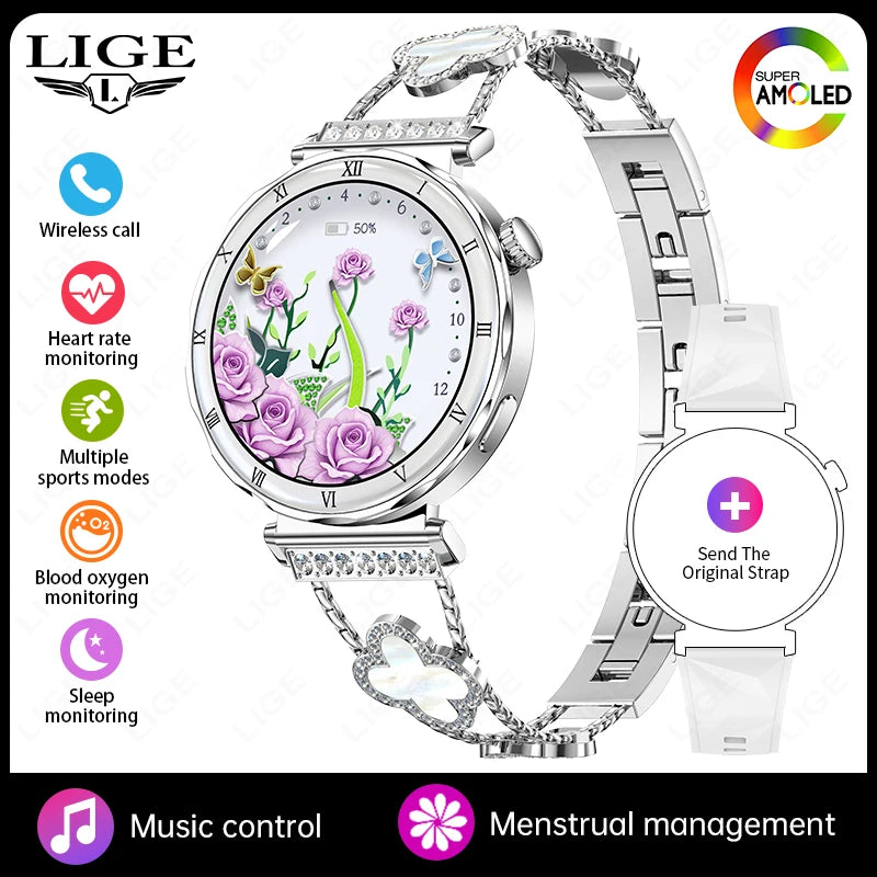 Women's Smart Watch 2026 New Fashion AMOLED Screen Bluetooth Call Custom Dials Female Health Monitoring Ladies Sports Smartwatch