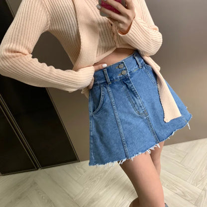 Chic High Waist A-Line  Skirt Women's Jeans ort Skirt Spring Vintage Slimming Splicing Hemming Girl's Faion Commute