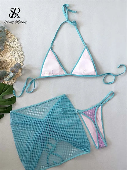 SINGREINY Mesh Sheath Sexy Bikini Sets Female Mini Camis Briefs+Short Skirt Set Fashion Drawstring Sensual Beach 3 Pieces Suits