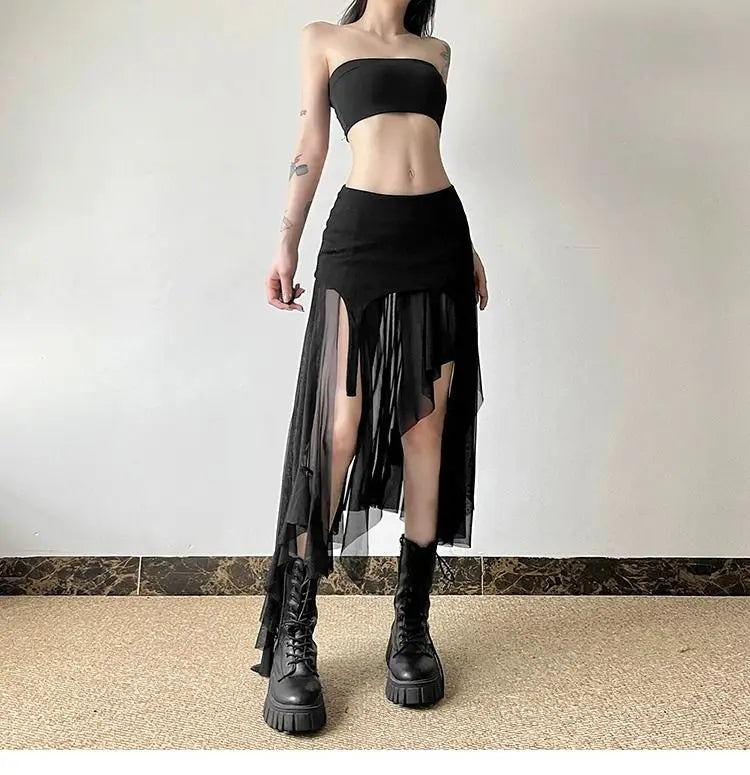Deeptown Vintage Sexy Slit Skirt Women Y2k Elegant Irregular Sweet Ruffle Skirts Korean Style Tulle Streetwear Layered Skirts