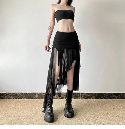 Deeptown Vintage Sexy Slit Skirt Women Y2k Elegant Irregular Sweet Ruffle Skirts Korean Style Tulle Streetwear Layered Skirts