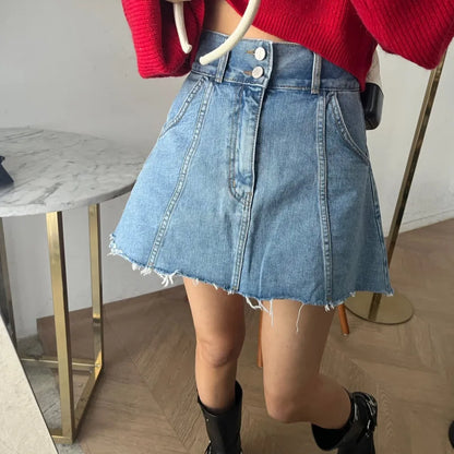 Chic High Waist A-Line  Skirt Women's Jeans ort Skirt Spring Vintage Slimming Splicing Hemming Girl's Faion Commute