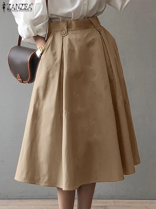 Women Elegant Office Work Skirts ZANZEA Autumn Summer High Waist Faldas Saia Jupe Casual Solid Midi Skirt Fashion Party Sundress