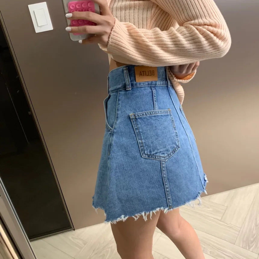 Chic High Waist A-Line  Skirt Women's Jeans ort Skirt Spring Vintage Slimming Splicing Hemming Girl's Faion Commute