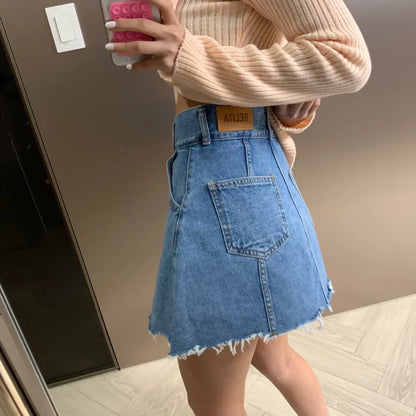 Chic High Waist A-Line  Skirt Women's Jeans ort Skirt Spring Vintage Slimming Splicing Hemming Girl's Faion Commute