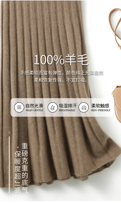 High-end 2022 Autumn/Winter New 100% Pure Wool Women's Thick Warm Elegant Pleated Skirt Fashion A Line Knitted Skirt 4 Colors