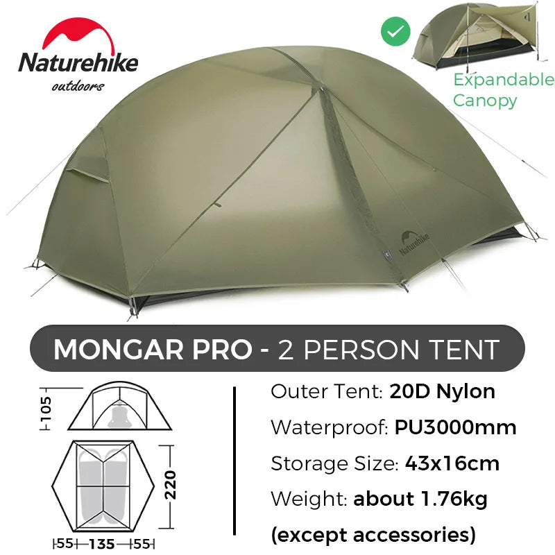 Naturehike Mongar 2 Person Tent Ultralight Camping Tent Outdoor Travel Tent Double Layer Waterproof Tent 3 Season Portable Tent