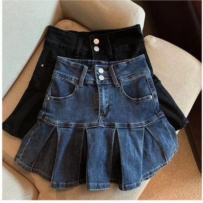 High-Waisted Denim Skirt Women's New Pleated Retro Blue Skinny A-line Flanged Wrap Hip Skirt