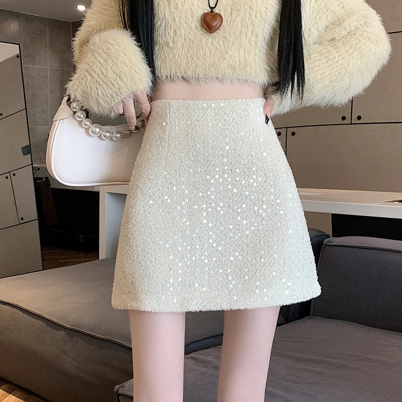 Fashion Y2K Streetwear Winter Mini Skirt Women Glitter Sequin Bodycon Tweed Skirts With Shorts A-Line Pink White Black Faldas