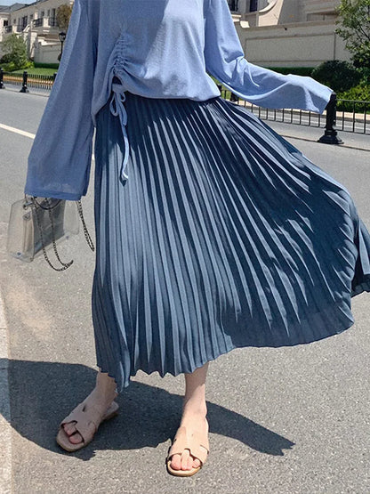 Womens Chic Pleated Swing Long Skirt with Liner Korean Fashion Kawaii Elastic High Waist OL Chiffon Shirring Mermaid Skirts K77