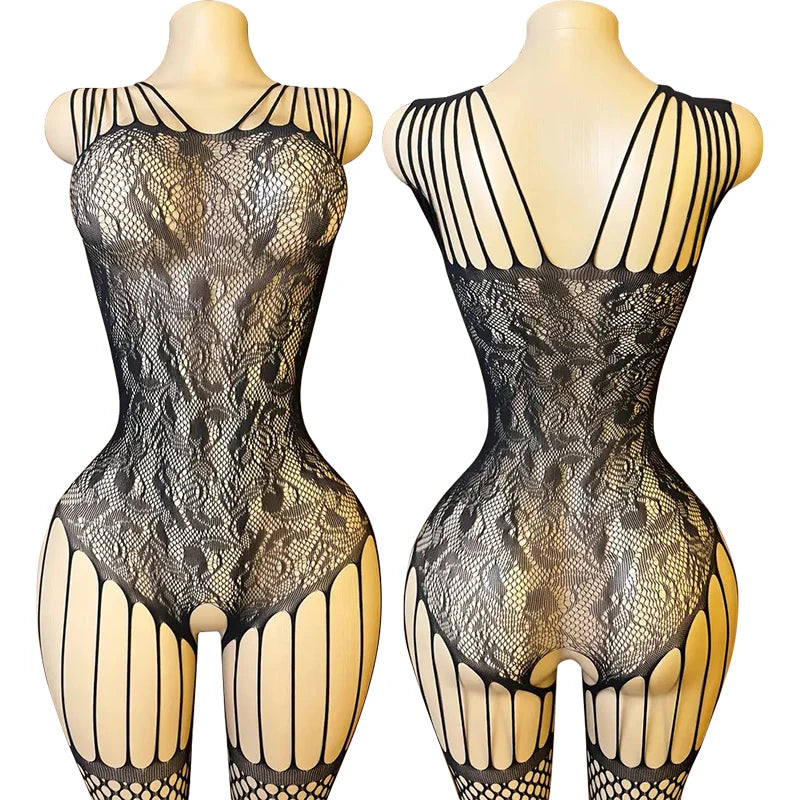 Women Fishnet Long Sleeve Bodycon Underwear Bodysuits Mesh Hollow Mini Dresses Sexy Crotchless Lingerie Erotic Teddies Bodysuit