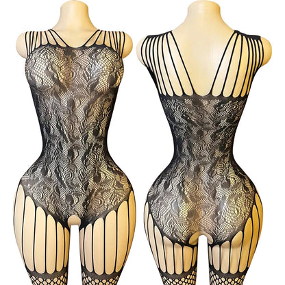 Women Fishnet Long Sleeve Bodycon Underwear Bodysuits Mesh Hollow Mini Dresses Sexy Crotchless Lingerie Erotic Teddies Bodysuit