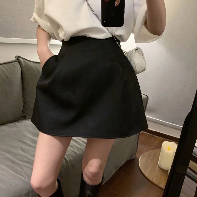Lucyever Black White High Wiast Puffy Short Skirts Women All-Match Y2K Pocket A-Line Skirt Female Korean Work Style Suit Skirt