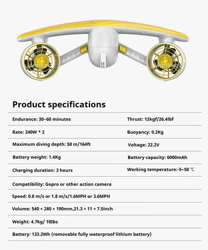 50m Depth Underwater Thruster 1.8m/s, 480W Brushless Diving Propeller with LED Display, 60min Silent eSurfboard for Adults