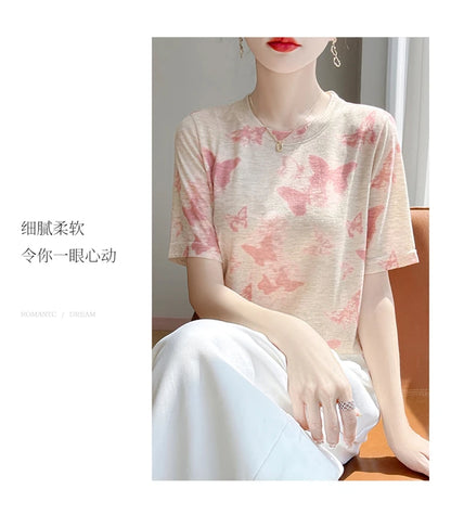 Spring And Summer New Lyocell Short Sleeve Sweater Loose Thin Half Sleeve T-shirt Printed Top