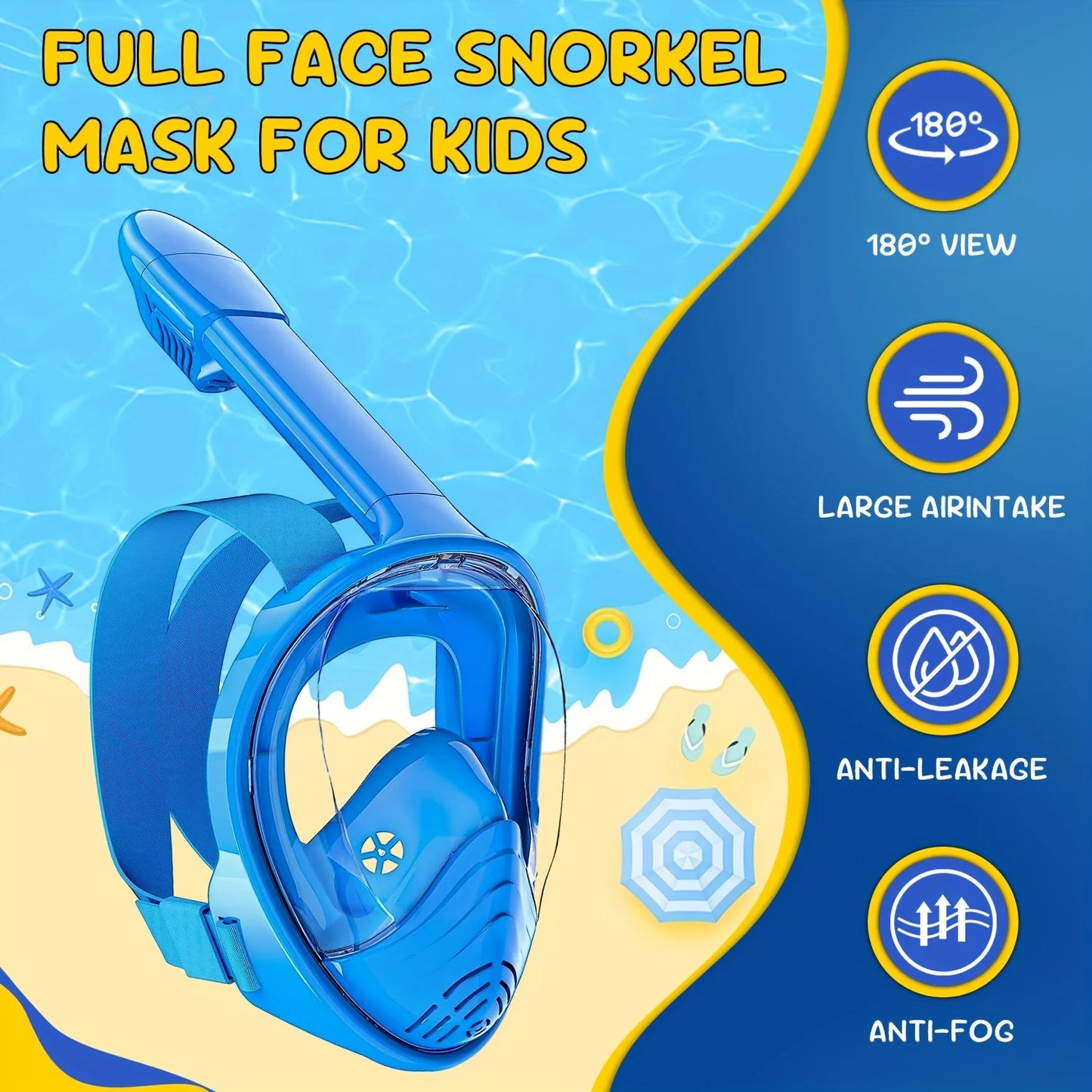 Kids Snorkel Mask Anti-Fog Leak-Proof Soft Silicone Design Easy to Wear Diving Mask Underwater Scuba Full Face 360° Panoramic