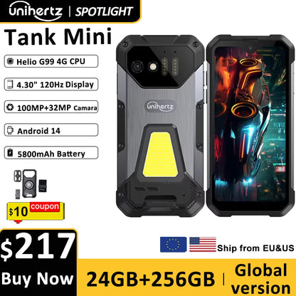 Unihertz 8849 Tank Mini Rugged Smartphone 4.3 Inch Small Cell Phone 24GB+256GB Android 13 5800mAh 100MP Cameras IP68/IP69K Phone