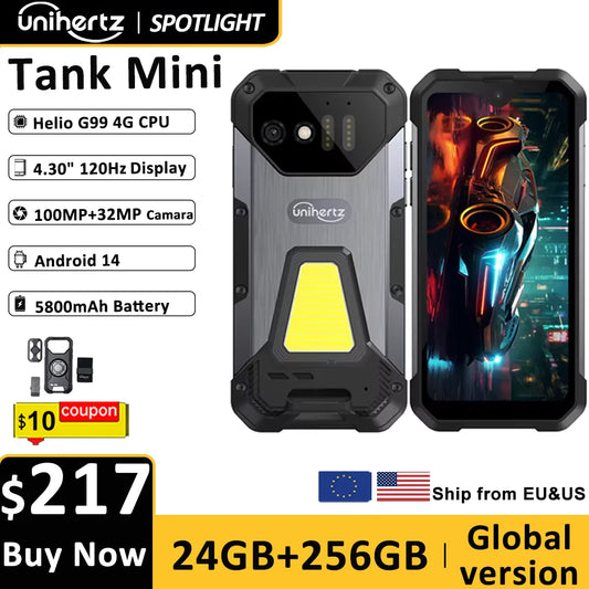 Unihertz 8849 Tank Mini Rugged Smartphone 4.3 Inch Small Cell Phone 24GB+256GB Android 13 5800mAh 100MP Cameras IP68/IP69K Phone