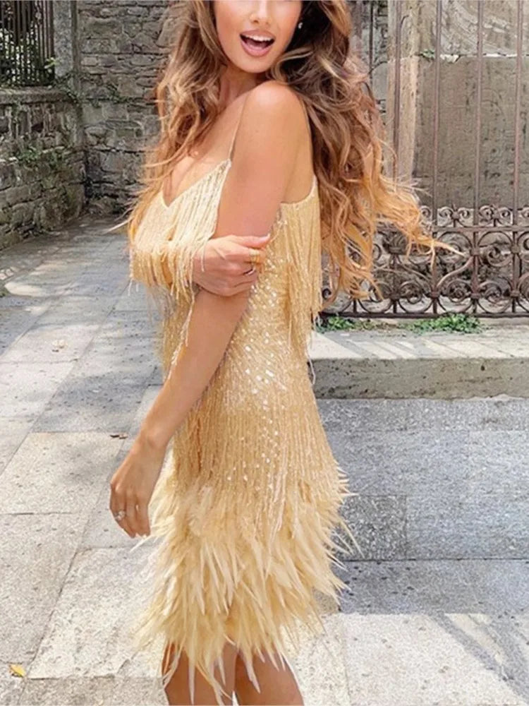 Summer Fashion Elegant Tassel Sequin Dress Women's Sexy Slim Sleeveless V-neck High Waist Suspender Feather Stitching Dresses