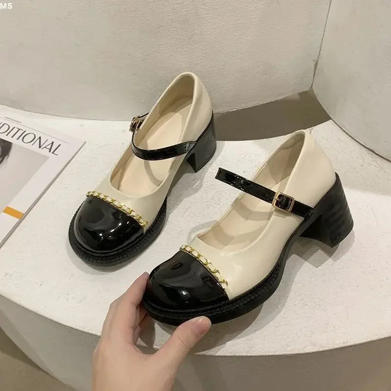 Women's Summer Footwear On Heeled Round Toe Shoes For Woman 2025 Gothic Mary Jane Pumps High Heels Luxury Leather Casual Black A