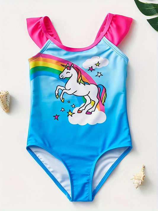 Toddler Girls One-piece Swimsuits For Gril Cartonn Unicorn Swimwear Pleated Lace Children's Swimsuit