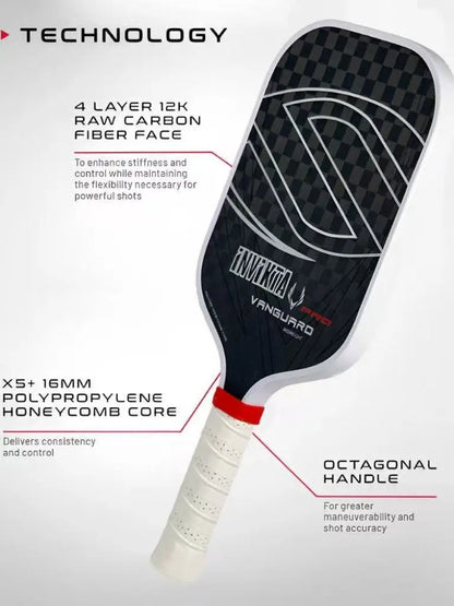 12K pickleball paddle with a 16mm polymer honeycomb core, designed for enhanced spin and power; black with white accents, includ