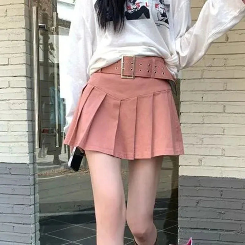 Lucyever Korean High Waist Pleated Skirts Women Summer Khaki Black with Belt A-Line Skirt Woman All-Match Streetwear Mini Skirt