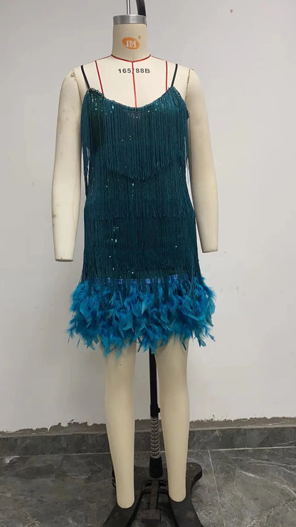 Summer Fashion Elegant Tassel Sequin Dress Women's Sexy Slim Sleeveless V-neck High Waist Suspender Feather Stitching Dresses