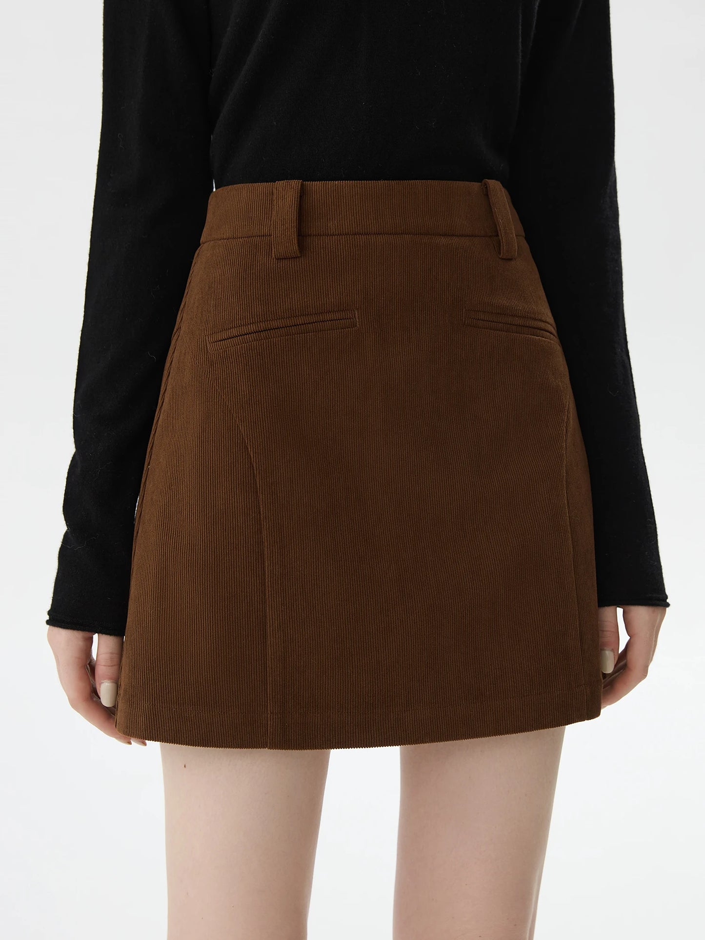 FSLE【2 Colors】Women Mini Skirts Zipper Waist Retro Brown Corduroy Above-Knee Length A-LINE Skirts Winter Black Bottom 24FS14555