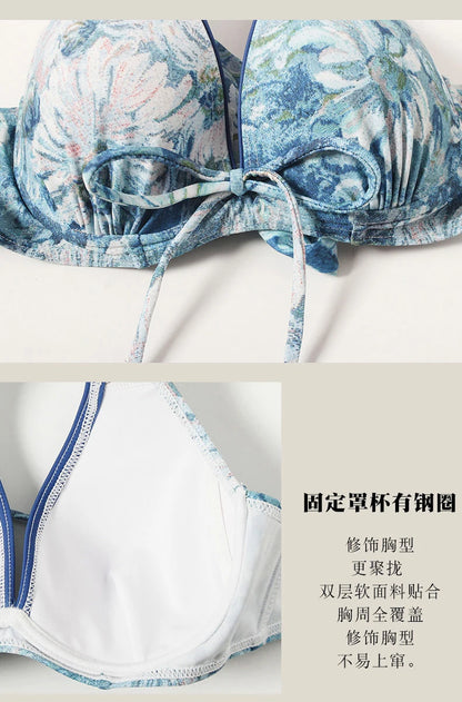 Swimsuit 4 Pieces Bikini Sets Women Swimwear Printed Underwired Mesh Long Sleeve Cover Up High Waist Shorts Headband 2023 New