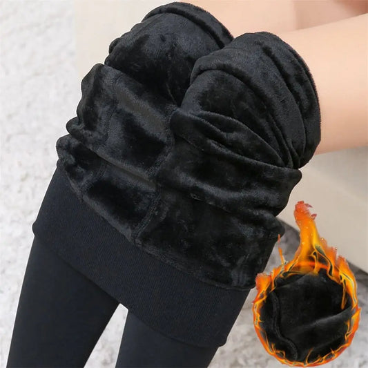 Women Winter Thermal Warm Velvet Thick Pantyhose Fluff Lined Stretch Slim Leggings Pants Ankle-Length