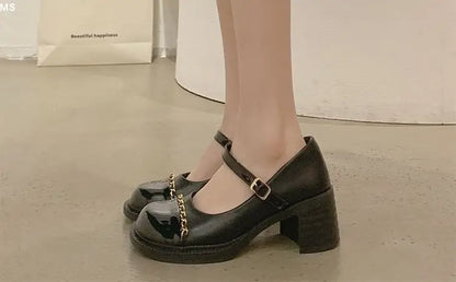 Women's Summer Footwear On Heeled Round Toe Shoes For Woman 2025 Gothic Mary Jane Pumps High Heels Luxury Leather Casual Black A