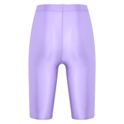 Women Glossy Shorts High Waist Fitness Short Leggings Oil Shiny Knee-Length Tights Swimming Trunks Female Workout Sports Bottoms
