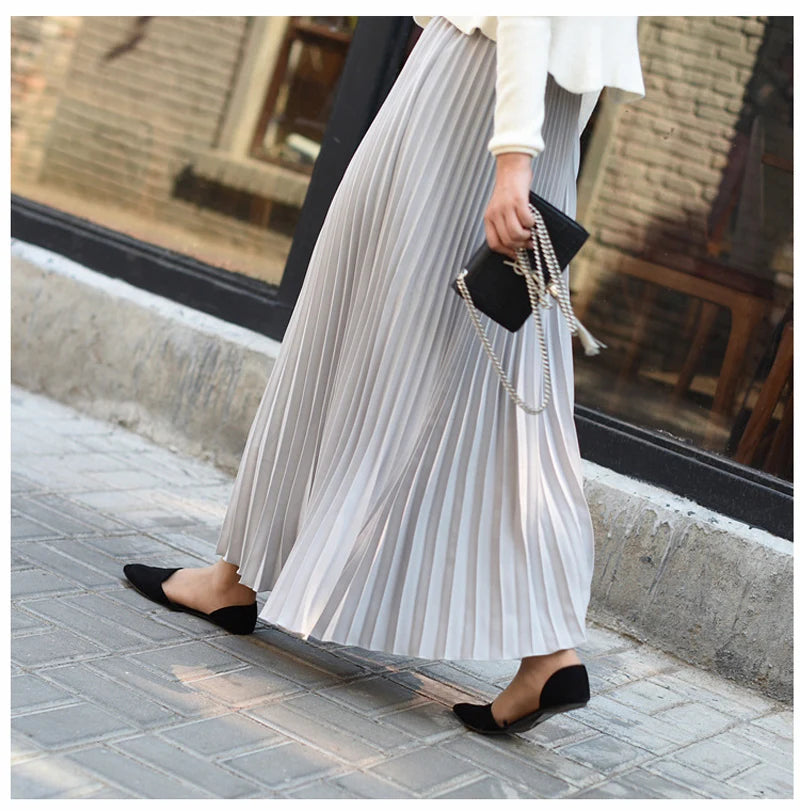 Womens Chic Pleated Swing Long Skirt with Liner Korean Fashion Kawaii Elastic High Waist OL Chiffon Shirring Mermaid Skirts K77