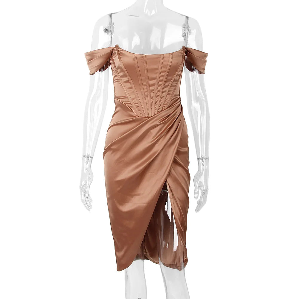 Cryptographic Draped Satin Corset Dresses Bodycon Party Night Club Off Shoulder Gown Elegant Backless Sexy Dress Birthday