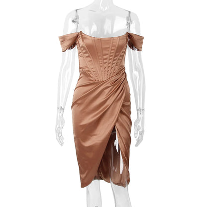 Cryptographic Draped Satin Corset Dresses Bodycon Party Night Club Off Shoulder Gown Elegant Backless Sexy Dress Birthday