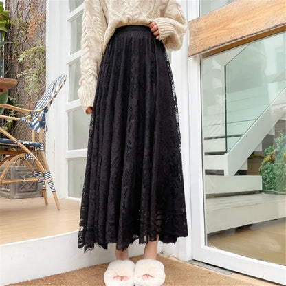 Elegant High Waist Black Big Swing Tulle Skirt Autumn Women'S Lace Mesh Long Skirt Korean Loose All Match Pleated Skirt Clothes