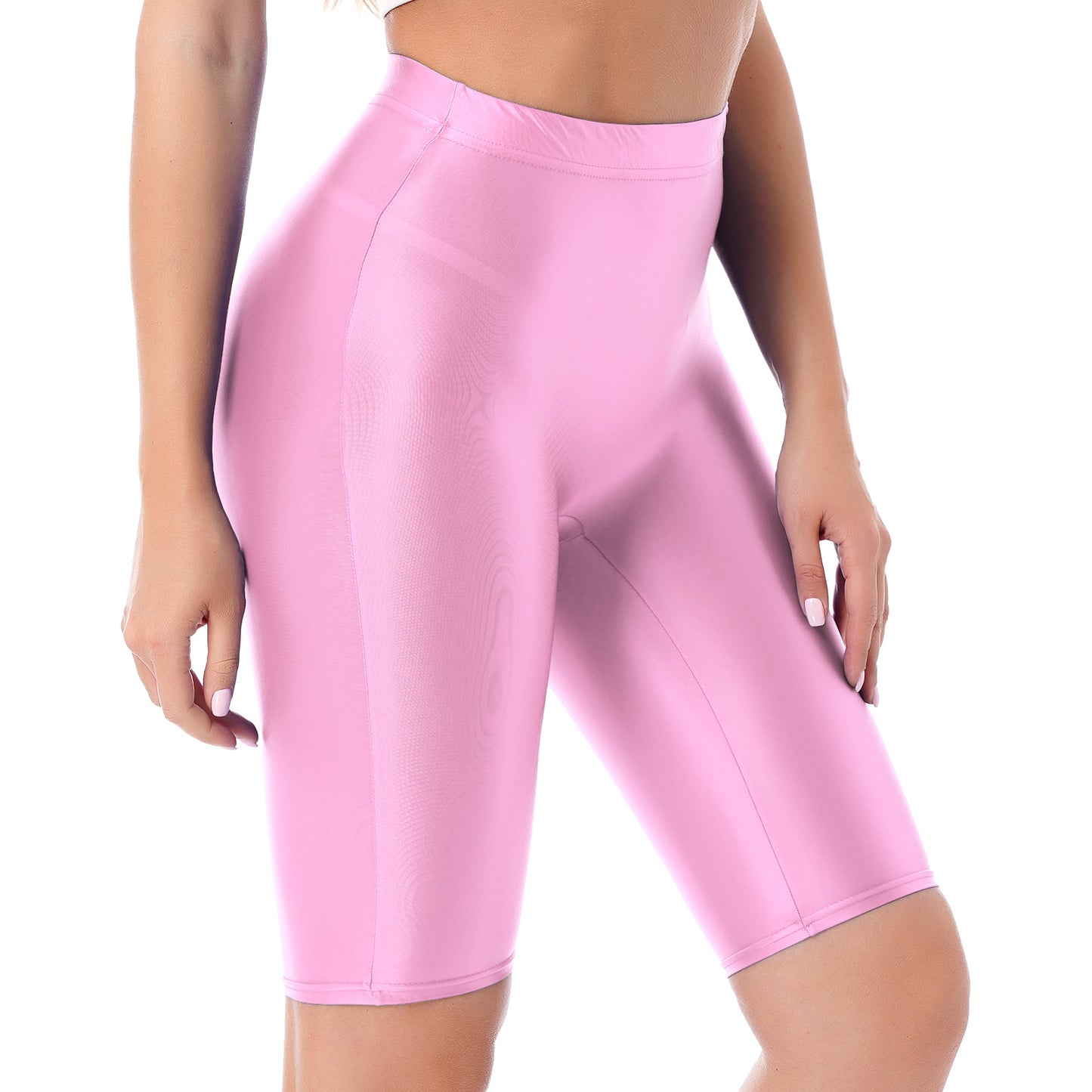 Women Glossy Shorts High Waist Fitness Short Leggings Oil Shiny Knee-Length Tights Swimming Trunks Female Workout Sports Bottoms