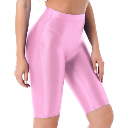 Women Glossy Shorts High Waist Fitness Short Leggings Oil Shiny Knee-Length Tights Swimming Trunks Female Workout Sports Bottoms